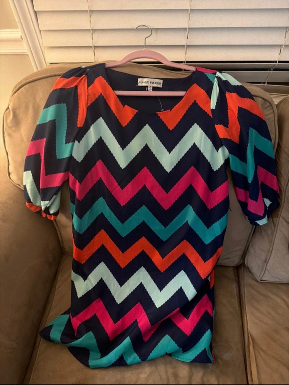 Joie Navy Chevron Puff-Sleeve Blouse with Bright Stripes